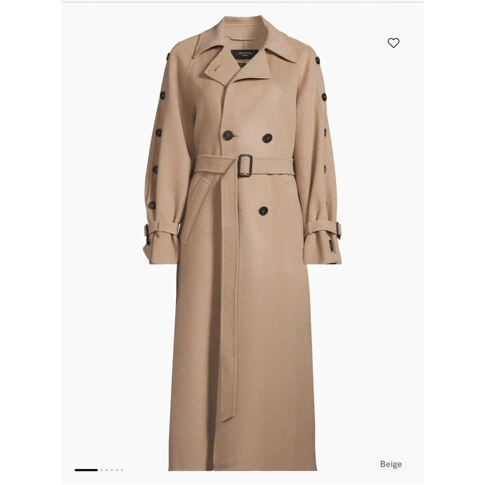 Weekend Max Mara Natale Wool Belted Trench Coat Color Beige US Size 8 New $1225